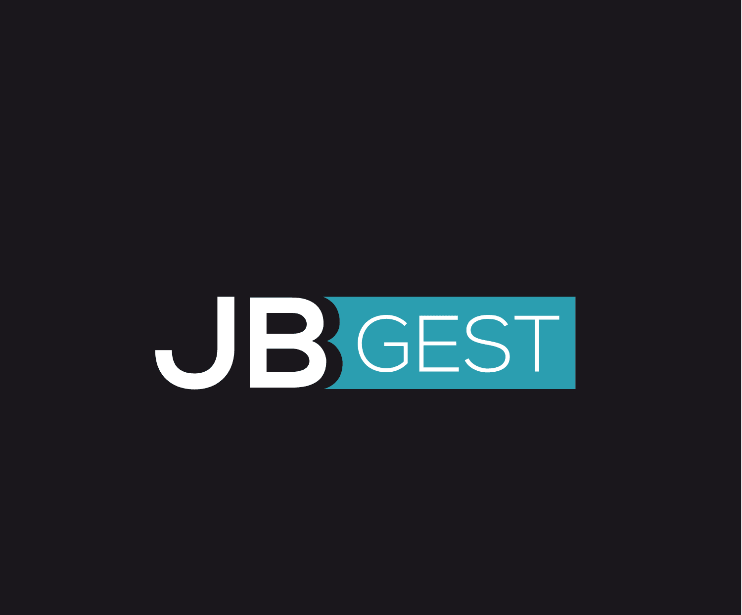 Logotype JB Gest — monogramme contrasté, partition blanc sur noir et cartouche cyan.